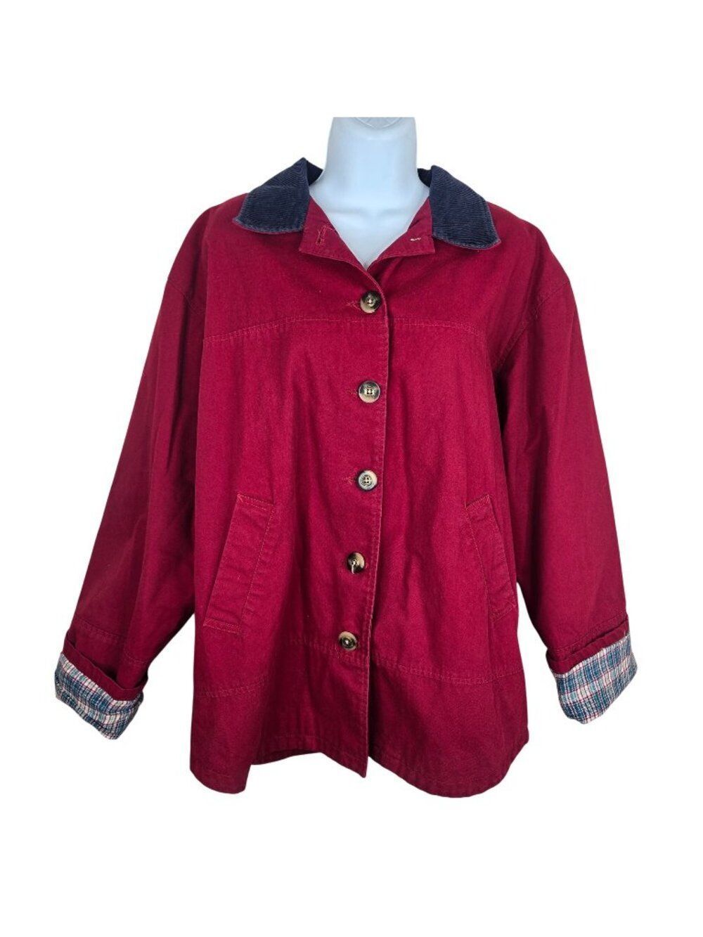 Vintage 90s Burgundy Barn Coat Jacket Plaid Cuffs Corduroy Collar Womens S